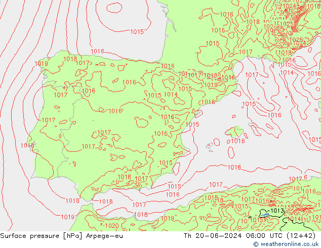 Presión superficial Arpege-eu jue 20.06.2024 06 UTC