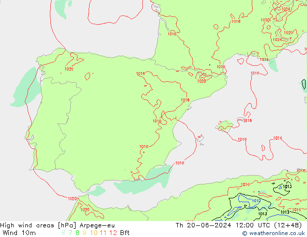 High wind areas Arpege-eu Qui 20.06.2024 12 UTC