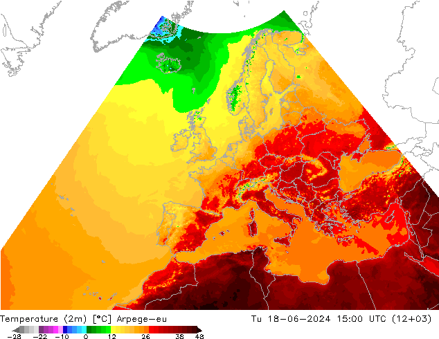 Temperature (2m) Arpege-eu Tu 18.06.2024 15 UTC