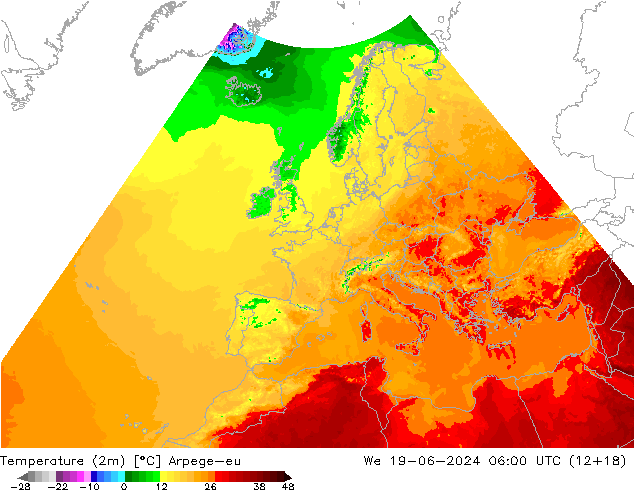 карта температуры Arpege-eu ср 19.06.2024 06 UTC