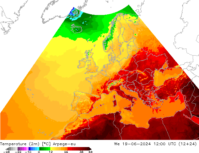 Temperatura (2m) Arpege-eu mié 19.06.2024 12 UTC