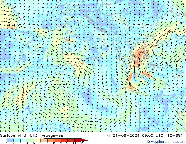 Bodenwind (bft) Arpege-eu Fr 21.06.2024 09 UTC