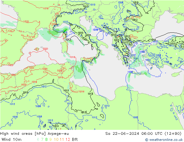 High wind areas Arpege-eu sam 22.06.2024 06 UTC