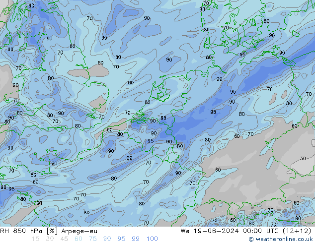 850 hPa Nispi Nem Arpege-eu Çar 19.06.2024 00 UTC