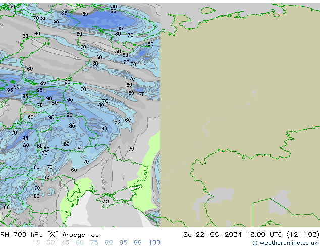 Humedad rel. 700hPa Arpege-eu sáb 22.06.2024 18 UTC