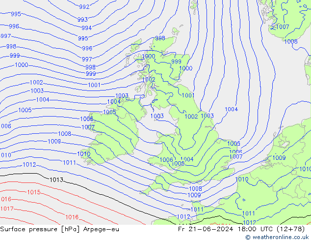 Pressione al suolo Arpege-eu ven 21.06.2024 18 UTC