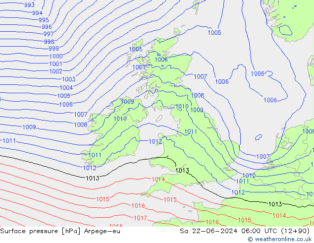Surface pressure Arpege-eu Sa 22.06.2024 06 UTC