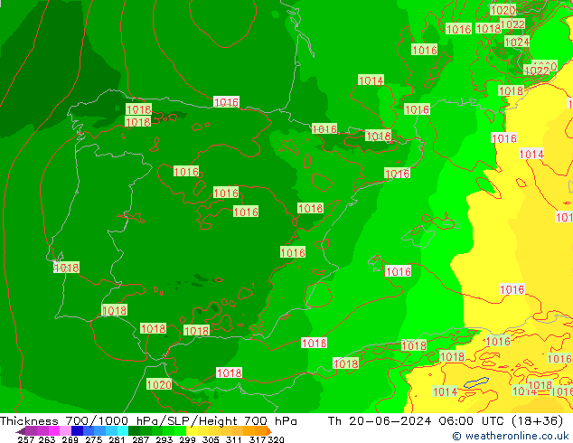 Thck 700-1000 hPa Arpege-eu Th 20.06.2024 06 UTC