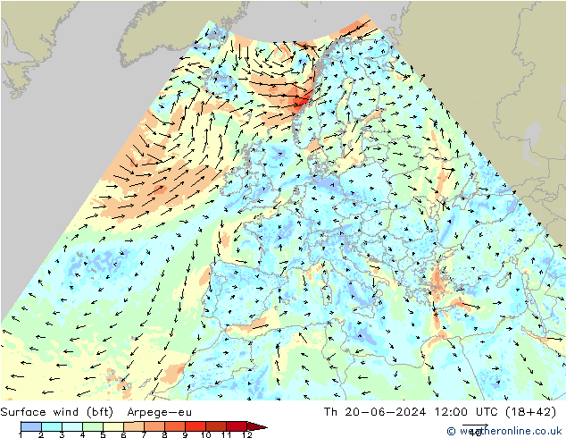 Surface wind (bft) Arpege-eu Th 20.06.2024 12 UTC