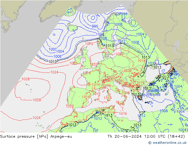 Atmosférický tlak Arpege-eu Čt 20.06.2024 12 UTC