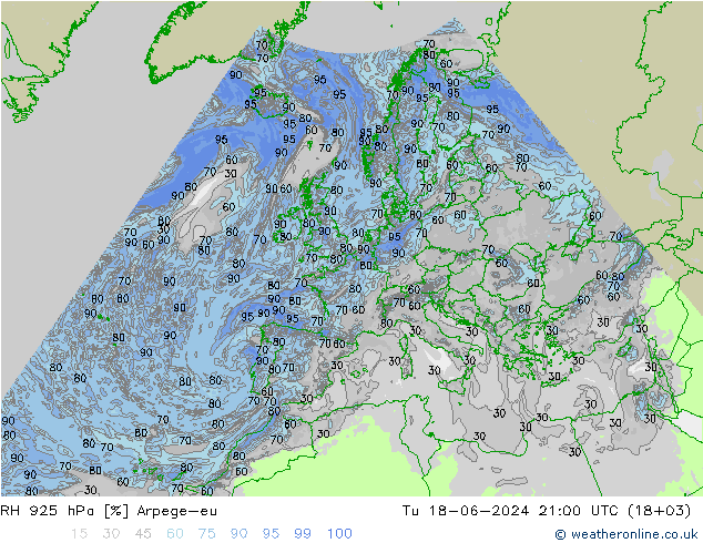 Humidité rel. 925 hPa Arpege-eu mar 18.06.2024 21 UTC