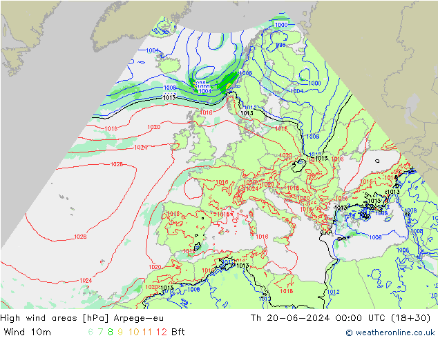 High wind areas Arpege-eu Th 20.06.2024 00 UTC