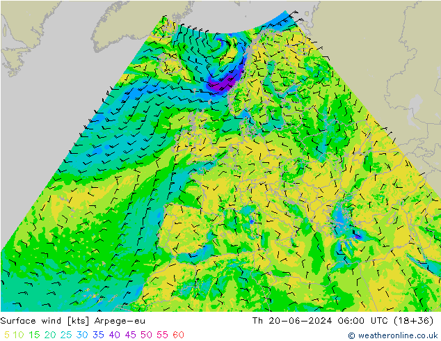 Surface wind Arpege-eu Čt 20.06.2024 06 UTC