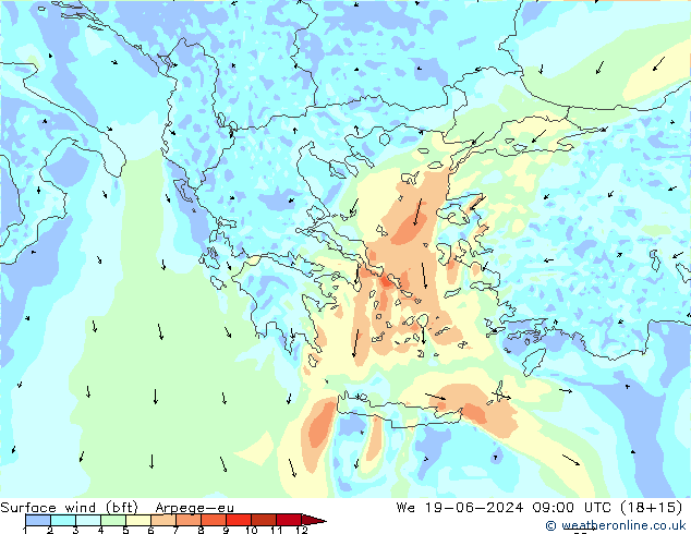 Surface wind (bft) Arpege-eu We 19.06.2024 09 UTC