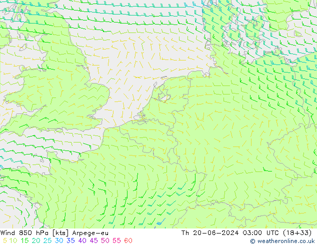 Vent 850 hPa Arpege-eu jeu 20.06.2024 03 UTC