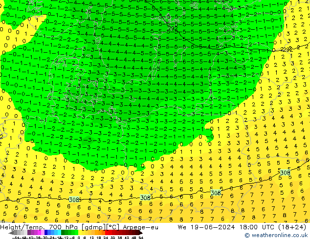 Height/Temp. 700 hPa Arpege-eu We 19.06.2024 18 UTC