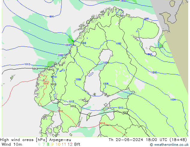High wind areas Arpege-eu gio 20.06.2024 18 UTC