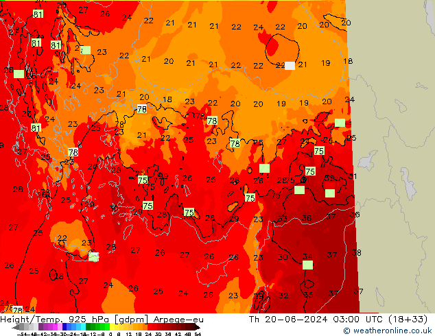 Height/Temp. 925 hPa Arpege-eu Čt 20.06.2024 03 UTC