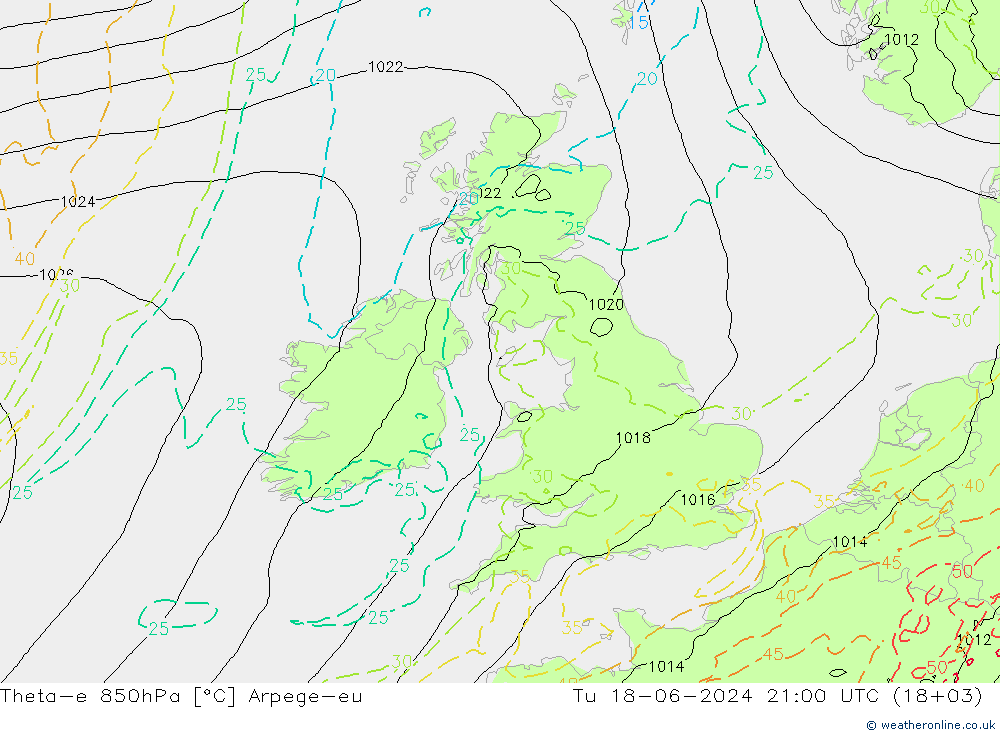 Theta-e 850hPa Arpege-eu mar 18.06.2024 21 UTC