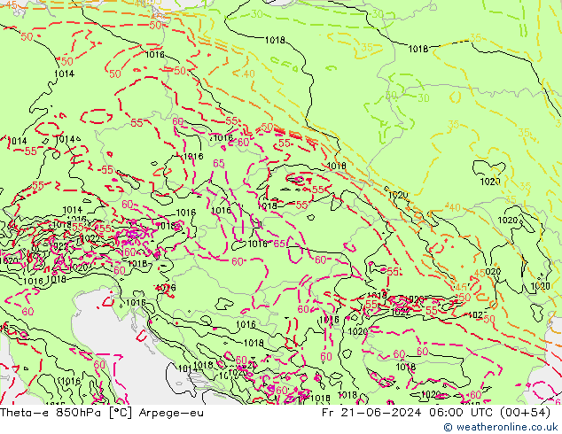 Theta-e 850гПа Arpege-eu пт 21.06.2024 06 UTC