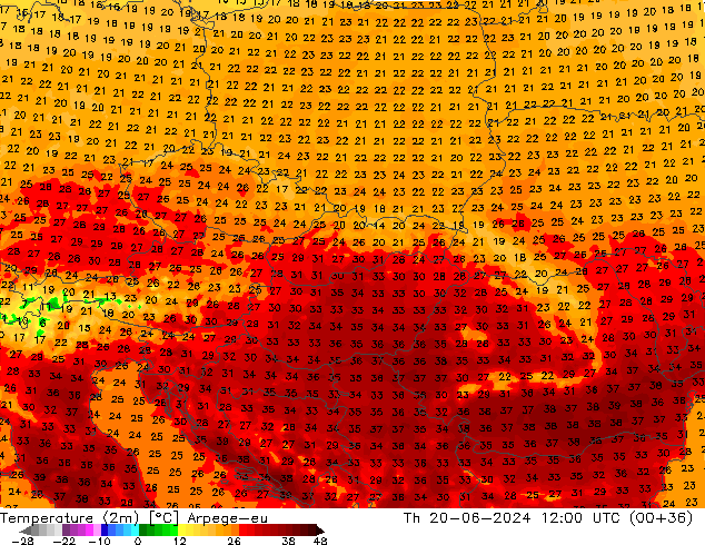 Temperature (2m) Arpege-eu Th 20.06.2024 12 UTC