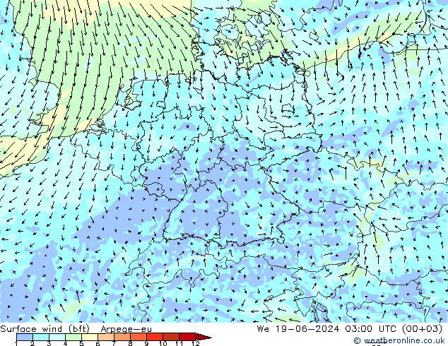 Surface wind (bft) Arpege-eu We 19.06.2024 03 UTC