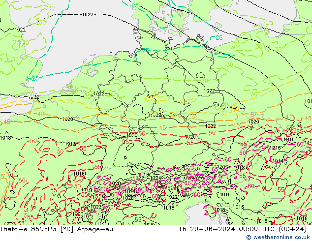 Theta-e 850hPa Arpege-eu Th 20.06.2024 00 UTC