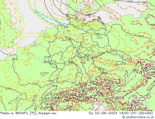 Theta-e 850hPa Arpege-eu Sa 22.06.2024 18 UTC
