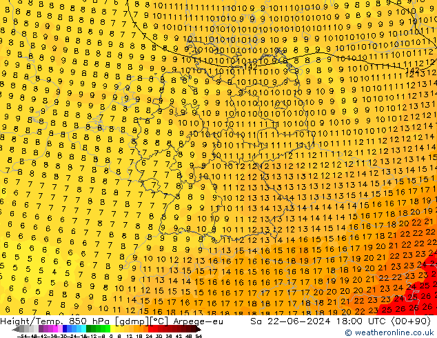 Hoogte/Temp. 850 hPa Arpege-eu za 22.06.2024 18 UTC