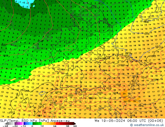 SLP/Temp. 850 hPa Arpege-eu Mi 19.06.2024 06 UTC