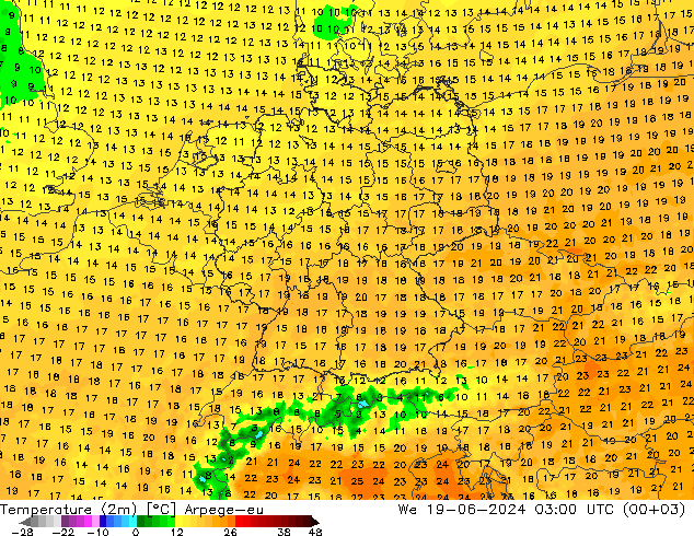Temperaturkarte (2m) Arpege-eu Mi 19.06.2024 03 UTC