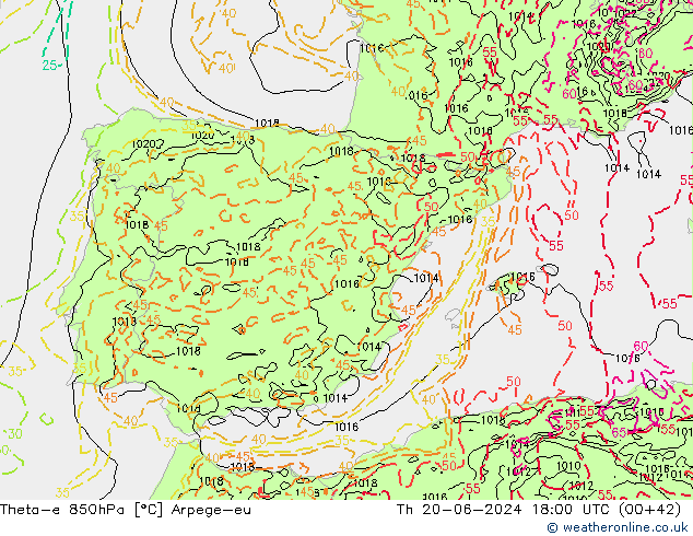 Theta-e 850hPa Arpege-eu jeu 20.06.2024 18 UTC