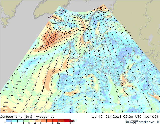 Surface wind (bft) Arpege-eu We 19.06.2024 03 UTC