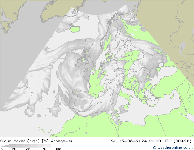 Cloud cover (high) Arpege-eu Su 23.06.2024 00 UTC