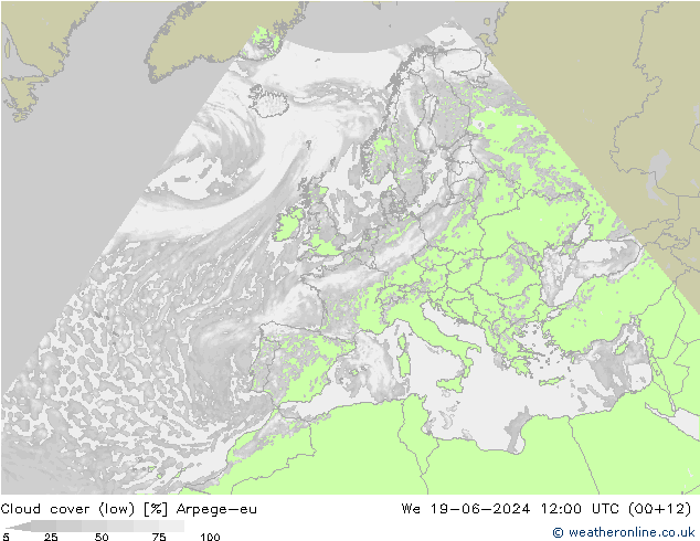 Cloud cover (low) Arpege-eu We 19.06.2024 12 UTC