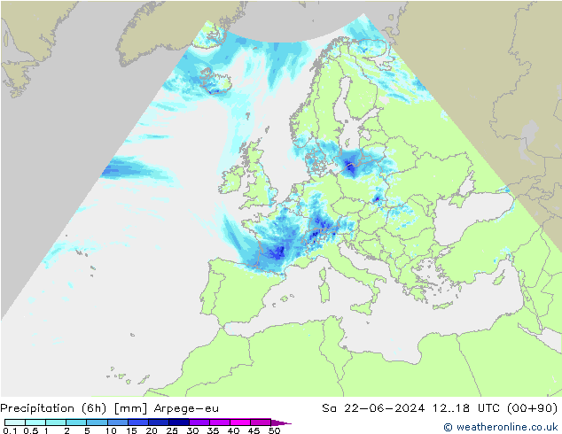 Totale neerslag (6h) Arpege-eu za 22.06.2024 18 UTC