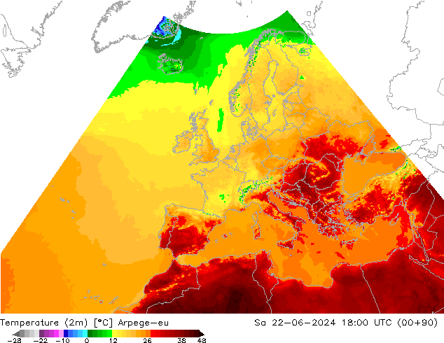 Temperaturkarte (2m) Arpege-eu Sa 22.06.2024 18 UTC