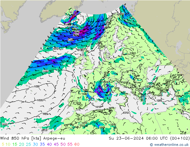 Wind 850 hPa Arpege-eu Su 23.06.2024 06 UTC