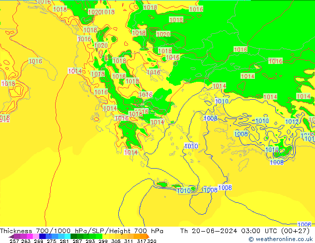 Thck 700-1000 гПа Arpege-eu чт 20.06.2024 03 UTC