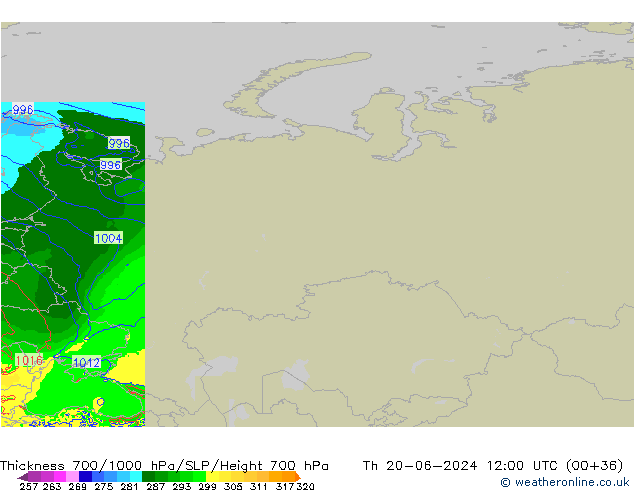 Thck 700-1000 hPa Arpege-eu  20.06.2024 12 UTC