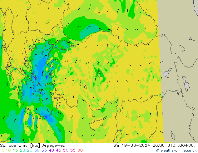 Vent 10 m Arpege-eu mer 19.06.2024 06 UTC