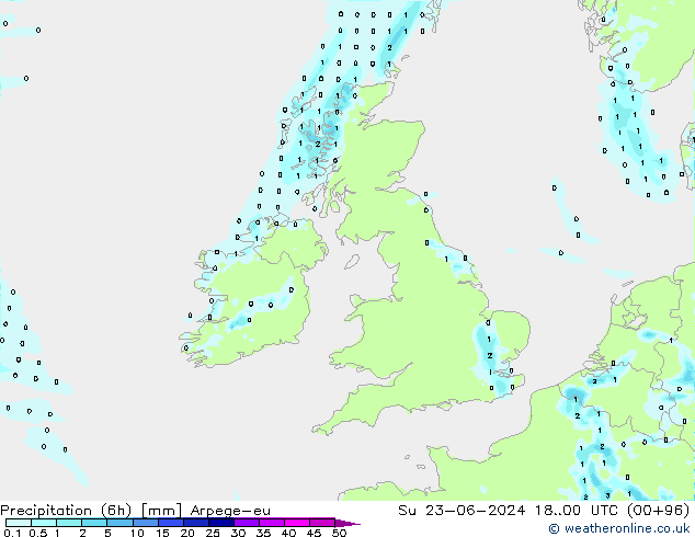 Totale neerslag (6h) Arpege-eu zo 23.06.2024 00 UTC