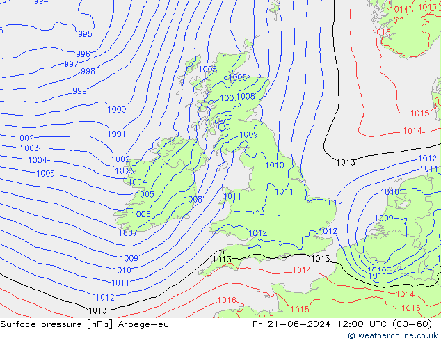 Pressione al suolo Arpege-eu ven 21.06.2024 12 UTC