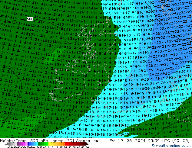 Height/Temp. 500 hPa Arpege-eu Mi 19.06.2024 03 UTC