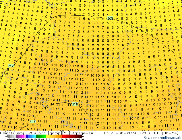 Height/Temp. 700 hPa Arpege-eu pt. 21.06.2024 12 UTC