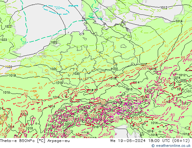 Theta-e 850hPa Arpege-eu Mi 19.06.2024 18 UTC