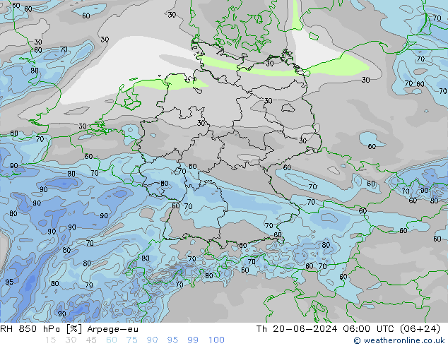 RH 850 hPa Arpege-eu Do 20.06.2024 06 UTC