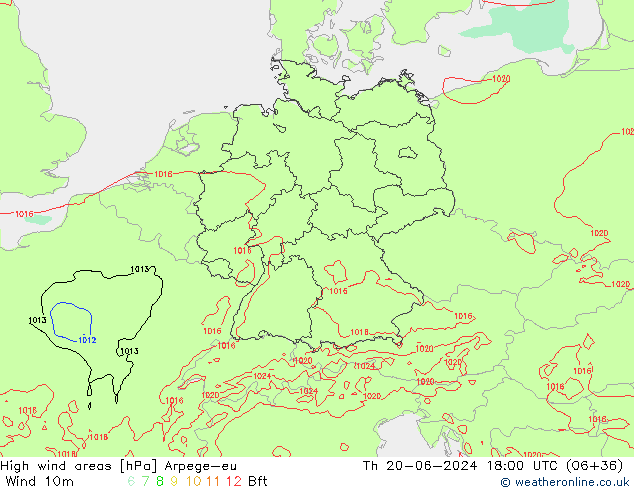 High wind areas Arpege-eu Čt 20.06.2024 18 UTC