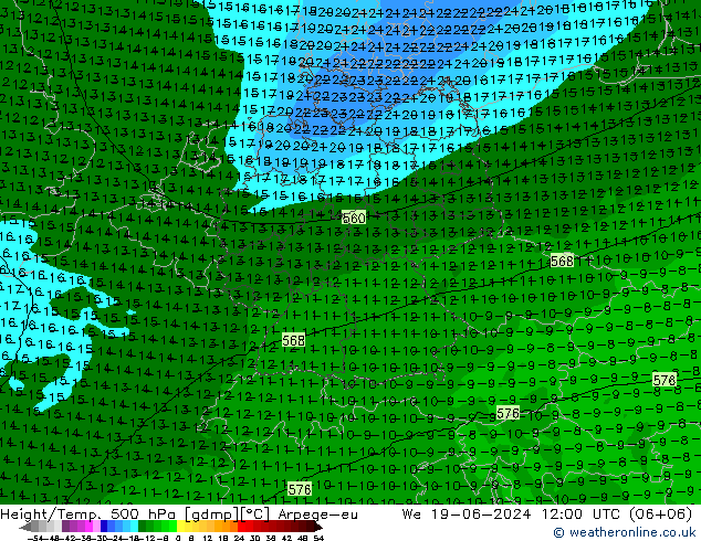 Height/Temp. 500 hPa Arpege-eu śro. 19.06.2024 12 UTC