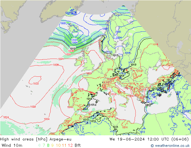 High wind areas Arpege-eu Qua 19.06.2024 12 UTC